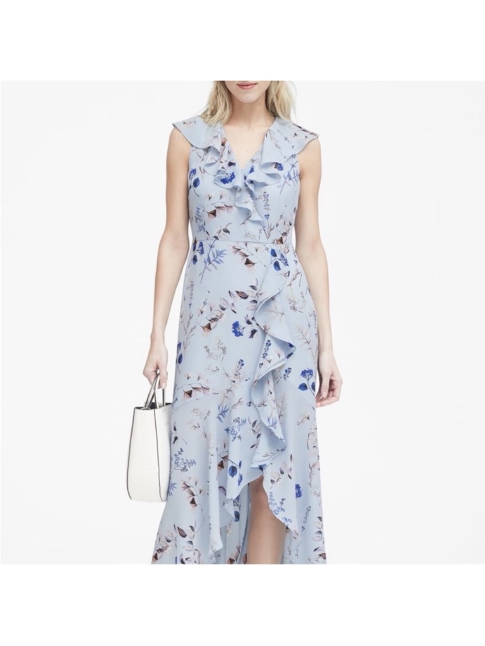 Banana Republic Light Blue Floral High-Low Ruffle Dress